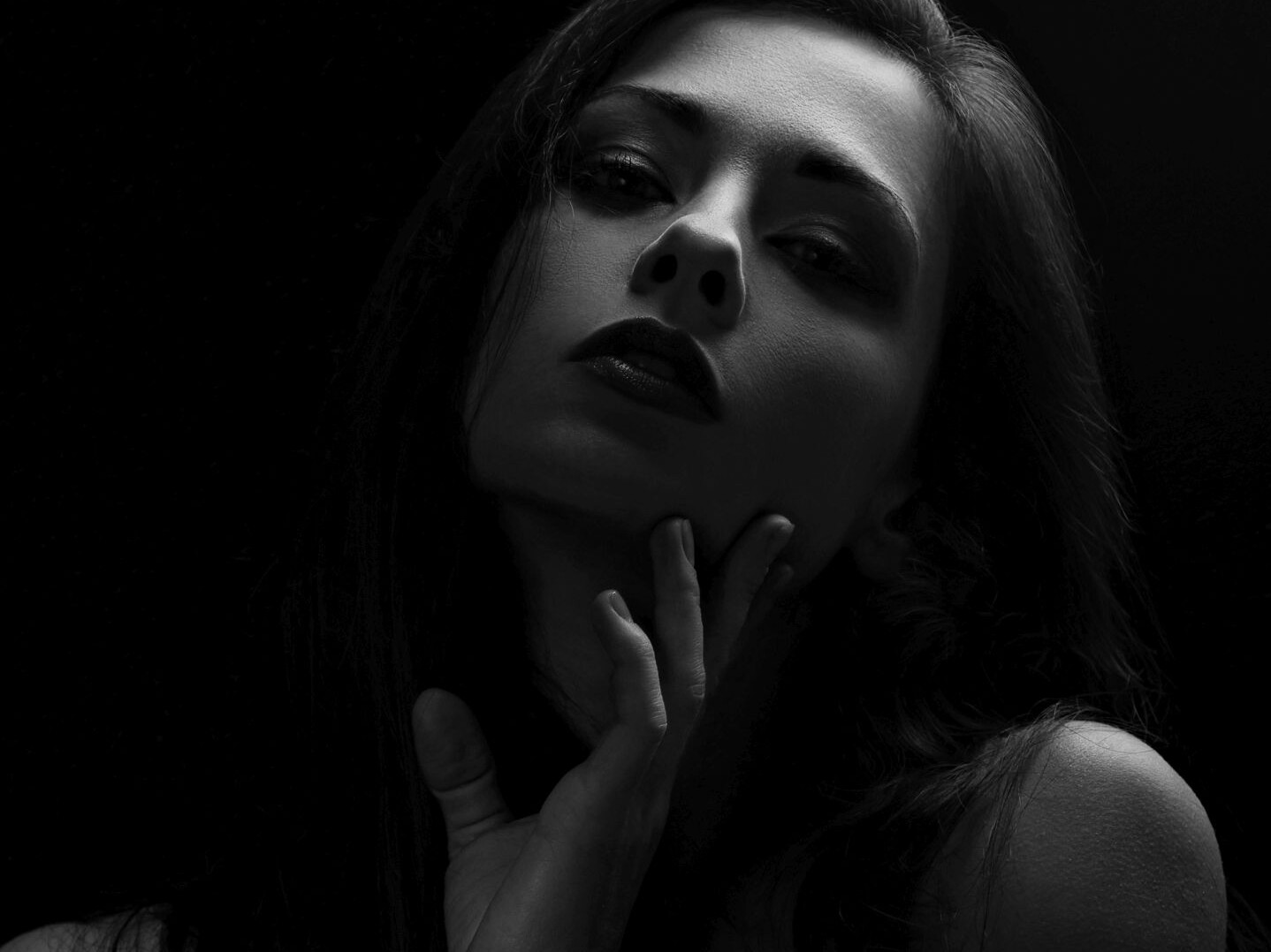 Beautiful makeup sexy woman with long hair looking with red lip